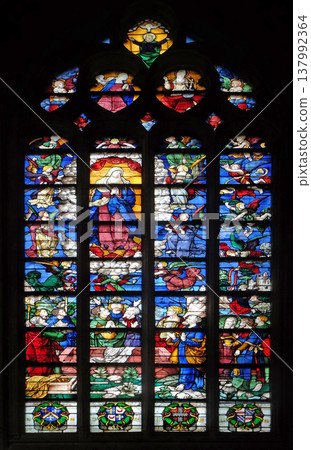 Assumption of Virgin Mary, stained glass window from Saint Germain-l'Auxerrois church in Paris, France Assumption of Virgin Mary, stained glass window from Saint Germain-l'Auxerrois church in Paris, France 137992364