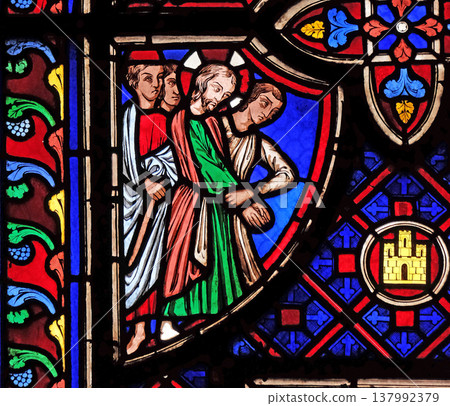 Jesus is captured, stained glass window from Saint Germain-l'Auxerrois church in Paris, France 137992379