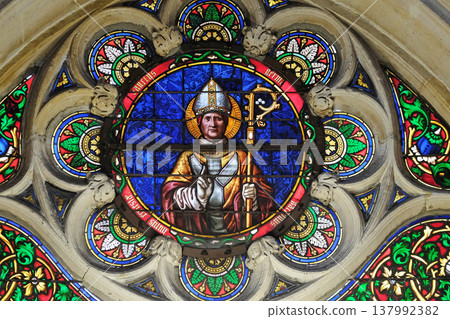 Saint Germain martyr, stained glass window from Saint Germain-l'Auxerrois church in Paris, France Saint Germain martyr, stained glass window from Saint Germain-l'Auxerrois church in Paris, France 137992382
