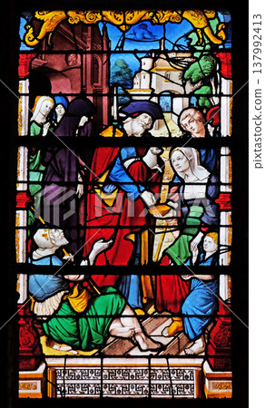 Anne and Joachim come out of the temple, stained glass windows in the Saint Gervais and Saint Protais Church, Paris, France 137992413