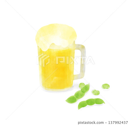 啤酒和毛豆的水彩插畫。啤酒裝在馬克杯裡,旁邊放著小吃。夏季,居酒屋(日式酒吧)。 啤酒和毛豆的水彩插畫。啤酒裝在馬克杯裡,旁邊放著小吃。夏季,居酒屋(日式酒吧)。 137992437