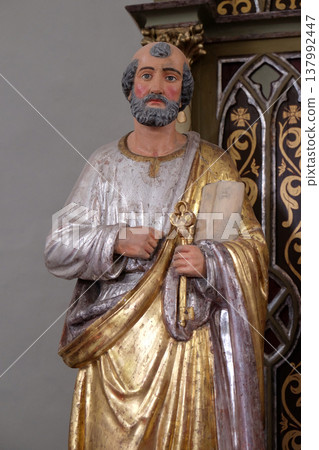 Statue of Apostle saint Peter on the altar of the Virgin Mary in the church of Saint Martin in Sveti Martin pod Okicem, Croatia 137992447