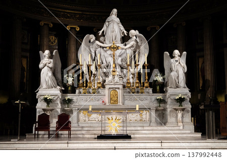 Interiors of Eglise de la Madeleine. Madeleine Church was designed in its present form as a temple to the glory of Napoleon's army, Paris, France. 137992448
