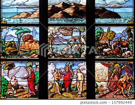 Garden of Eden, stained glass window in Church of Saint Leu Saint Gilles in Paris, France 137992449