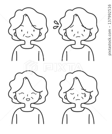 一套老年女性面部表情（微笑、擔憂、高興、哭泣）——簡單的線條藝術插圖。 137992516