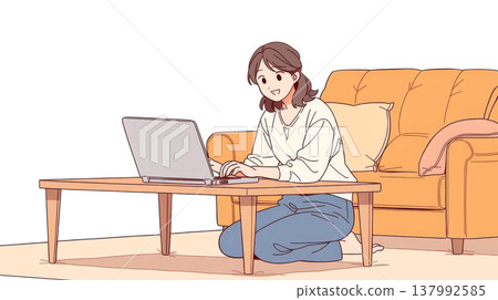 一位女士在家裡的客廳餐桌工作。 137992585