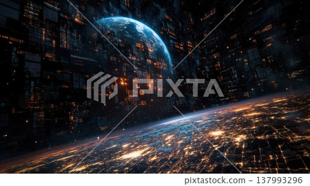 An imaginative view of Earth from space, showcasing illuminated cities and advanced technology 137993296