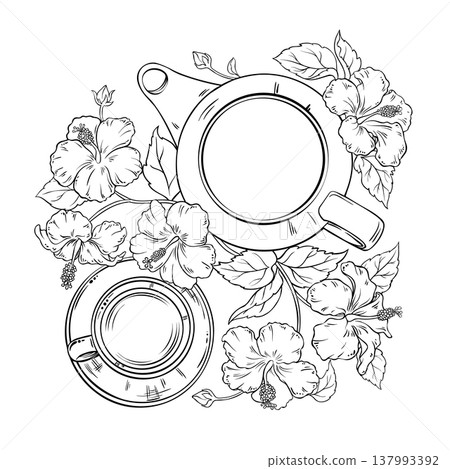 Hibiscus Tea in Teapot Outline Illustration. Hibiscus Tea in Teapot Outline Illustration. 137993392