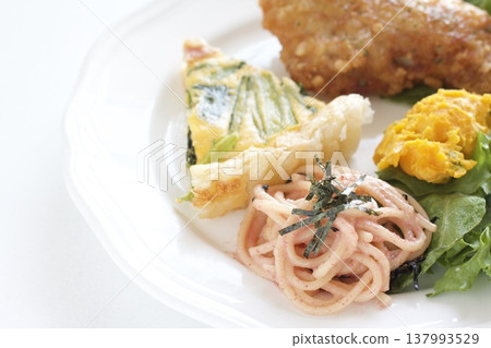 A one-plate meal of fried chicken and quiche. A one-plate meal of fried chicken and quiche. 137993529
