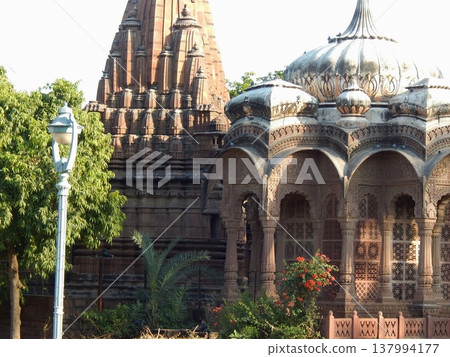 Close-up of ornate stone chhatris and temple domes at Mandore Gardens, Rajasthan, highlighting exquisite stone carving. 137994177