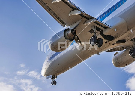 Sendai Airport at dusk, with a blue sky and a plane landing. Natori City, Miyagi Prefecture. 137994212