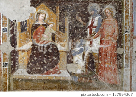 Enthroned Madonna and Child, Saints George, Catherine and a worshipper Knight, fresco in the church of San Pietro Martire in Verona, Italy Enthroned Madonna and Child, Saints George, Catherine and a worshipper Knight, fresco in the church of San Pietro Martire in Verona, Italy 137994367