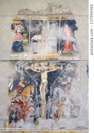 Adoration of the Magi, Mass of St. Gregory, St. George and the Princess, Crucifixion, fresco in the church of San Pietro Martire in Verona, Italy Adoration of the Magi, Mass of St. Gregory, St. George and the Princess, Crucifixion, fresco in the church of San Pietro Martire in Verona, Italy 137994368