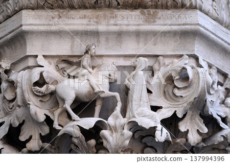 Medieval reliefs from Doge's Palace capital in Saint Mark Square, Venice, Italy Medieval reliefs from Doge's Palace capital in Saint Mark Square, Venice, Italy 137994396