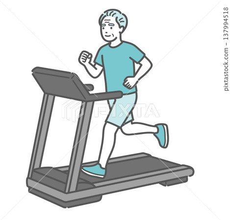 一位老年男子麵帶微笑地在跑步機上跑步的插圖（健康與健身）。 137994518
