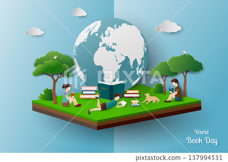 Poster campaign of world book day,Globe with children reading book on isometric landscape background Poster campaign of world book day,Globe with children reading book on isometric landscape background 137994531