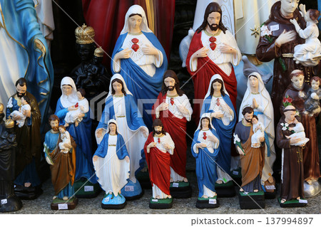 Catholic Religious items, figurines of saints in one of the Souvenir shop in Basilica Assumption of the Virgin Mary in Marija Bistrica, Croatia 137994897