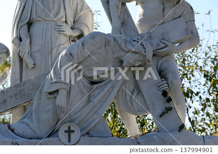 3rd Station of the Cross, Jesus falls the first time , pilgrimage Sanctuary, Assumption of the Virgin Mary in Marija Bistrica, Croatia 137994901