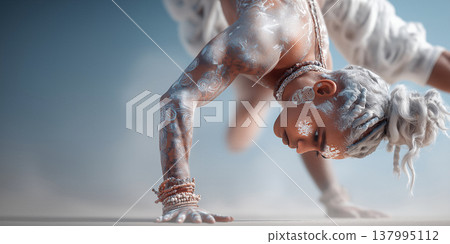 Focused gymnast masters handstand. Skilled athlete executes flawless planche handstand showcasing strength and focus in studio environment 137995112