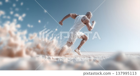 Fast athlete on sandy ground. Runner sprinting through loose sand particles. Athlete in rapid race across sandy surface with energetic stride 137995113