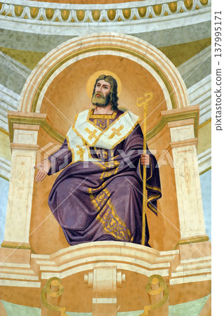 Saint John Chrysostom, fresco on the ceiling of the Saint John the Baptist church in Zagreb, Croatia 137995171