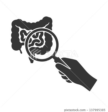 一隻手拿著放大鏡的輪廓圖示;腸子 一隻手拿著放大鏡的輪廓圖示;腸子 137995385