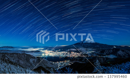 Mount Fuji and Lake Kawaguchi as seen from Shindo Pass, with star trails. Mount Fuji and Lake Kawaguchi as seen from Shindo Pass, with star trails. 137995460