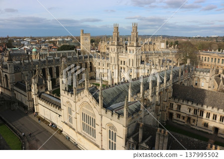 An aerial view overlooking the historic university architecture of Oxford, England. 137995502