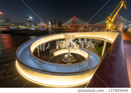 上海楊浦大橋夜景:螺旋坡道和燈光璀璨的玉蘭樹構成的城市景觀。 上海楊浦大橋夜景:螺旋坡道和燈光璀璨的玉蘭樹構成的城市景觀。 137995649