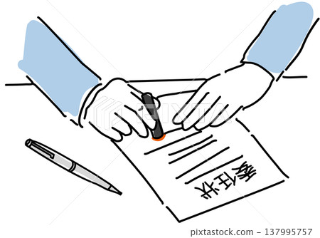 一幅簡單的線條畫，描繪了一名男子的手在授權委託書上蓋章。 137995757