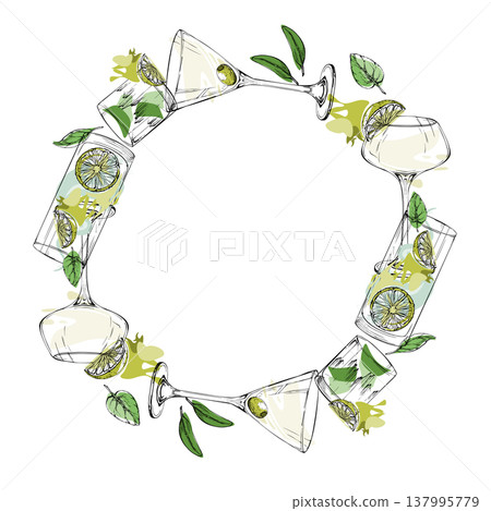 Circular vector wreath of lime, mint, olive and clear Martini, Daiquiri, Classic Mojito cocktail ink outlines with light fills. Hand drawn for labels, stickers, coasters, logo badges, party branding. Circular vector wreath of lime, mint, olive and clear Martini, Daiquiri, Classic Mojito cocktail ink outlines with light fills. Hand drawn for labels, stickers, coasters, logo badges, party branding. 137995779