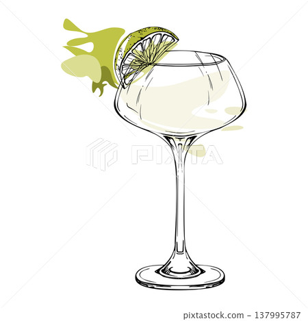 Margarita, daiquiri cocktail in flat vector, lime on rim, clear spirits like gin tonic, tequila, sambuca. Minimal gradient shading, elegant shape hand drawn in ink. Culinary branding, summer decor. Margarita, daiquiri cocktail in flat vector, lime on rim, clear spirits like gin tonic, tequila, sambuca. Minimal gradient shading, elegant shape hand drawn in ink. Culinary branding, summer decor. 137995787