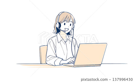 A woman wearing a headset while handling customer inquiries at a call center. A woman wearing a headset while handling customer inquiries at a call center. 137996430