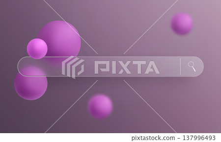 Glassmorphism search bar with purple gradient spheres on dark background for UI design 137996493