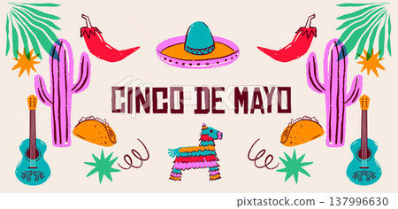 Cinco de Mayo Mexican holiday celebration background with hand-drawn decorative elements, symbols Cinco de Mayo Mexican holiday celebration background with hand-drawn decorative elements, symbols 137996630