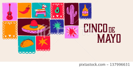Cinco de Mayo Mexican holiday celebration background with hand-drawn decorative elements, symbols Cinco de Mayo Mexican holiday celebration background with hand-drawn decorative elements, symbols 137996631