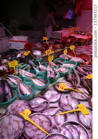 Fish sold at a market in North Point of Hong Kong Island. Many fish are unfamiliar in Japan Fish sold at a market in North Point of Hong Kong Island. Many fish are unfamiliar in Japan 137997217