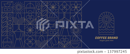 Abstract geometric coffee pattern with line art elements in minimalist style 137997245