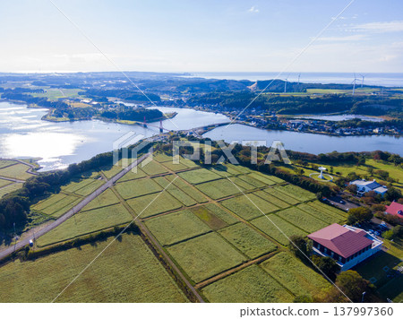 令人驚嘆的無人機空拍畫面，展現了福井縣蘆原市北形湖的壯麗景色，畫面中可以看到盛開的蕎麥田、鳶尾花橋以及沿湖排列的風力渦輪機。 137997360