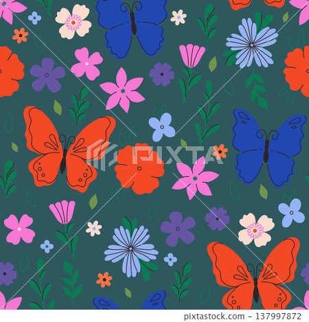 Seamless pattern with flowers and butterflies. Vector graphics. 137997872