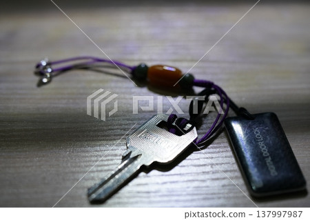 Key with Digital Door Lock on Wooden Surface 137997987