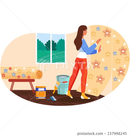 Woman glue wallpaper roll at home vector cartoon 137998245