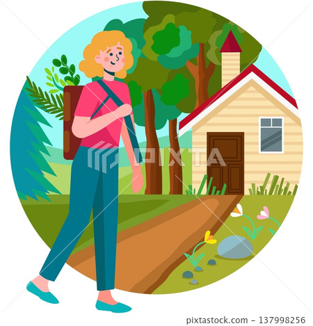 Woman walking with herbs basket vector cartoon 137998256