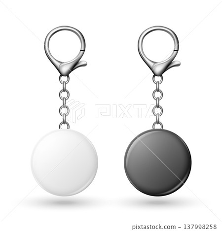 Vector 3d Blank Round Keychain Tag Set, Isolated. White and Black Key Fobs with Silver Chain and Lobster Clasp. Realistic Keyring Accessory Mockup for Branding. Logo and Label Design 137998258