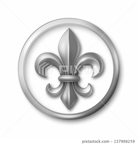 Vector 3d Silver Fleur De Lis Symbol in Round Frame. Elegant Royal Emblem. Classic French Heraldic Icon. Luxury Fleur De Lis Sign. Logo Design, Badge, Noble Decoration, Vintage Ornament 137998259