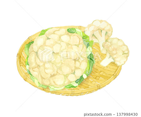 Cauliflower on a bamboo basket - Hand-drawn watercolor illustration of a vegetable 137998430