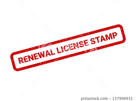Official red rubber stamp with textured effect and the words renewal license stamp, confirming validity Official red rubber stamp with textured effect and the words renewal license stamp, confirming validity 137998932