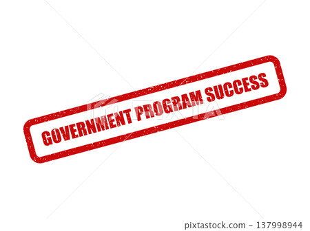 Official red textured rubber stamp indicating successful government program implementation on a document Official red textured rubber stamp indicating successful government program implementation on a document 137998944