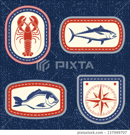 Collection of nautical badges featuring lobster, tuna, fish and compass symbol. Vector. Vintage marine style patches with stitched borders on textured background. Suitable for seafood branding Collection of nautical badges featuring lobster, tuna, fish and compass symbol. Vector. Vintage marine style patches with stitched borders on textured background. Suitable for seafood branding 137999707