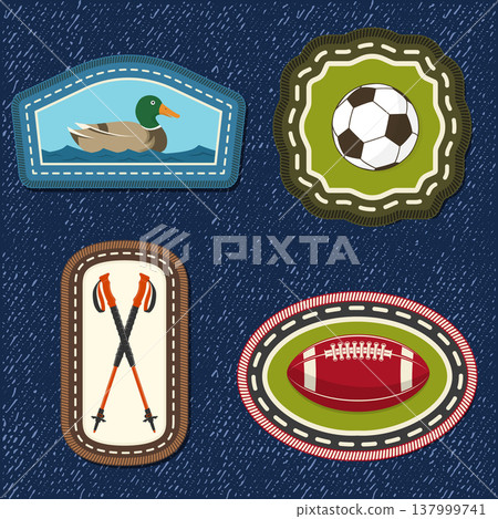Scout badge with duck, trekking poles, soccer and American football ball. Vector. Merit patch, sticker for camping outdoor and academic activities. For scouting groups, camping events, outdoor apparel Scout badge with duck, trekking poles, soccer and American football ball. Vector. Merit patch, sticker for camping outdoor and academic activities. For scouting groups, camping events, outdoor apparel 137999741
